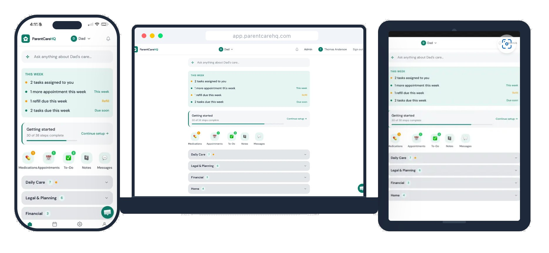 ParentCareHQ on iPhone, desktop, and iPad
